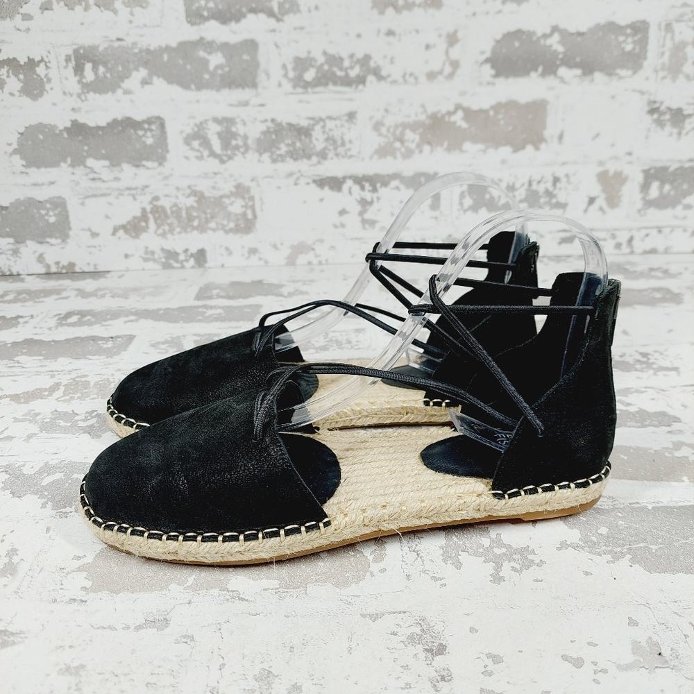 NEW Eileen Fisher Black Leather Lace Up Round Toe Espadrille Sandals K462